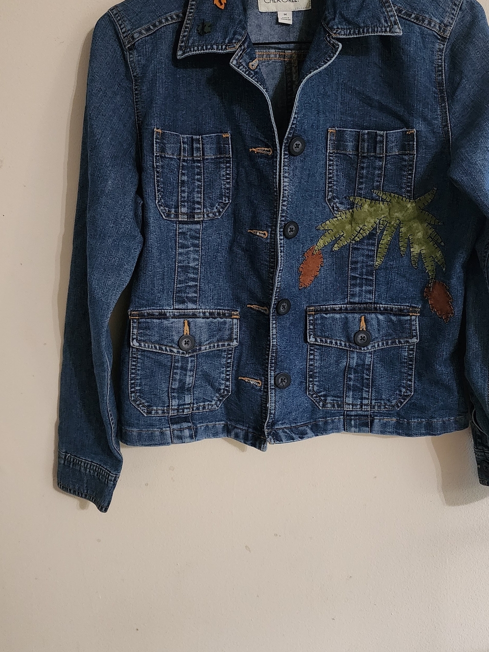 Cherokee Vintage Denim Jacket Sz M Embroidered Wolf Pine Trees Moon Nature Boho